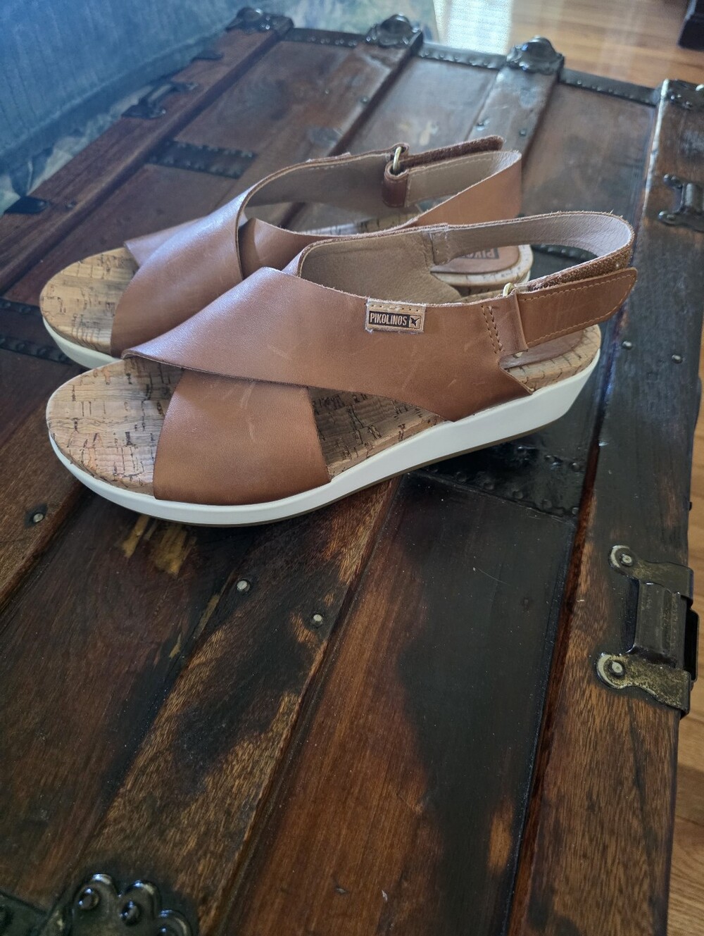 PIKOLINOS Tan Leather Crisscross Slingback Wedge Sandals 8.5